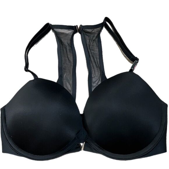 Victoria’s Secret Smooth Push Up Heavily Padded Metallic V Satin bra black 32D - Picture 1 of 5
